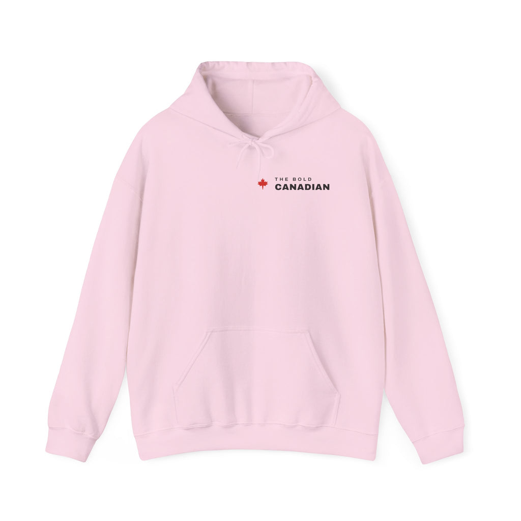 Pink hoodie with a small Canadian maple leaf and "The Bold Canadian" text.