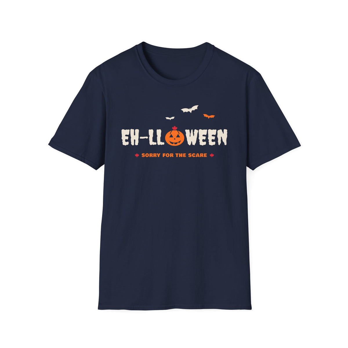 Navy t-shirt with "EH-LLOWEEN SORRY FOR THE SCARE" text and bats.