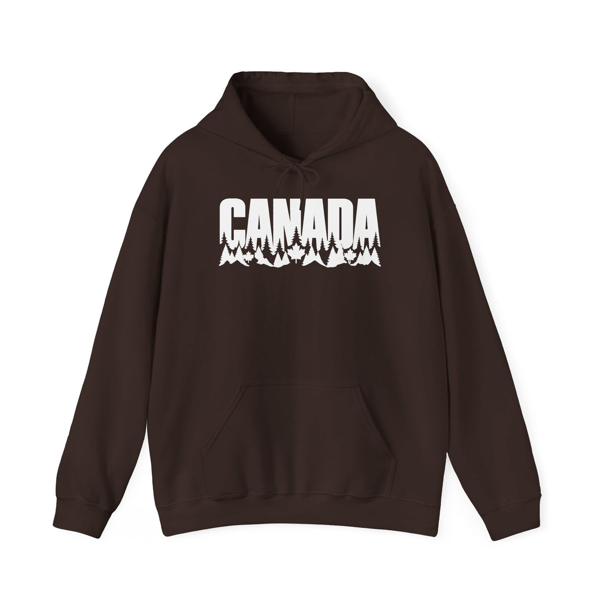Brown hoodie with white "CANADA" text featuring trees and mountains.