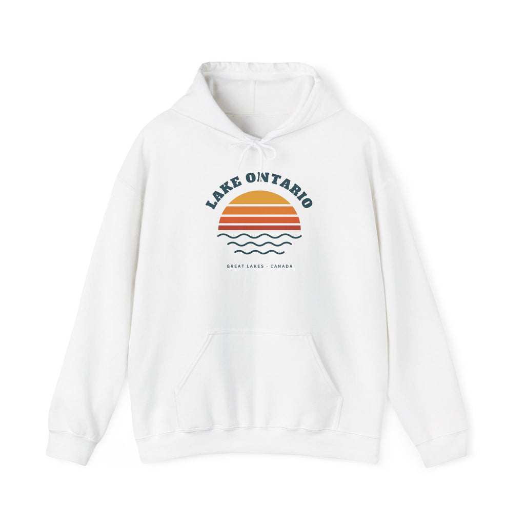 White hoodie with a graphic of a sunset over waves and text "Lake Ontario Great Lakes Canada".