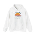 White hoodie with a graphic of a sunset over waves and text "Lake Ontario Great Lakes Canada".