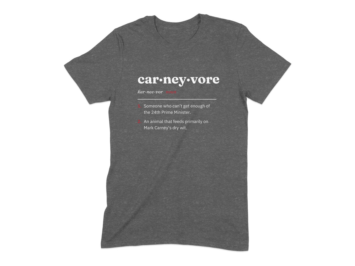 Gray t-shirt with dictionary definition of "Carneyvore."