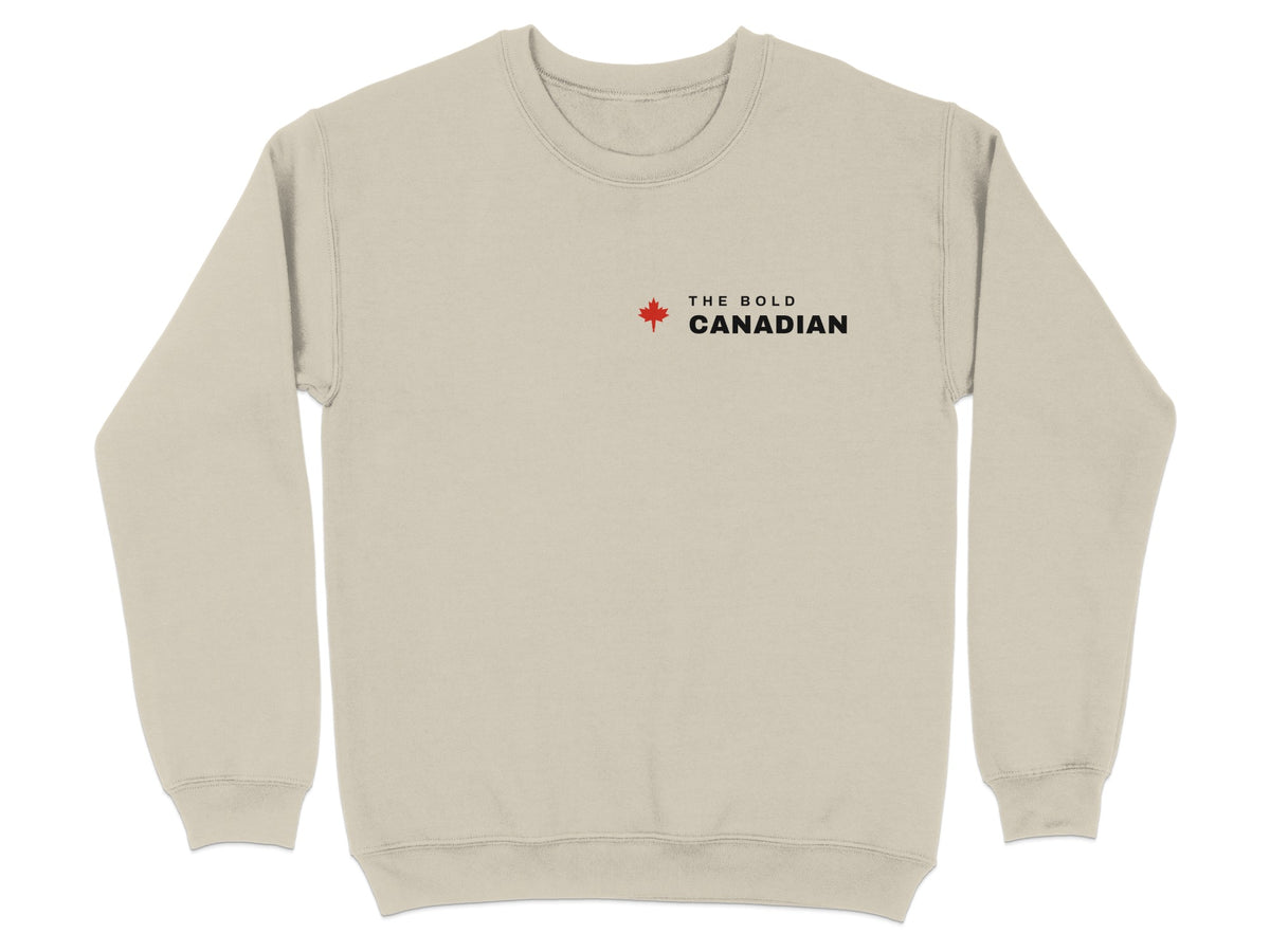 Light beige sweatshirt with red maple leaf and "THE BOLD CANADIAN" text.