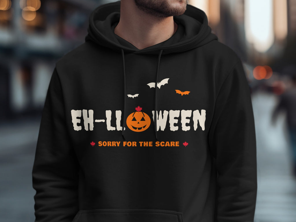 Black hoodie with "EH-LL.OWEEN SORRY FOR THE SCARE" text and Halloween graphics.