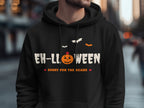 Black hoodie with "EH-LL.OWEEN SORRY FOR THE SCARE" text and Halloween graphics.