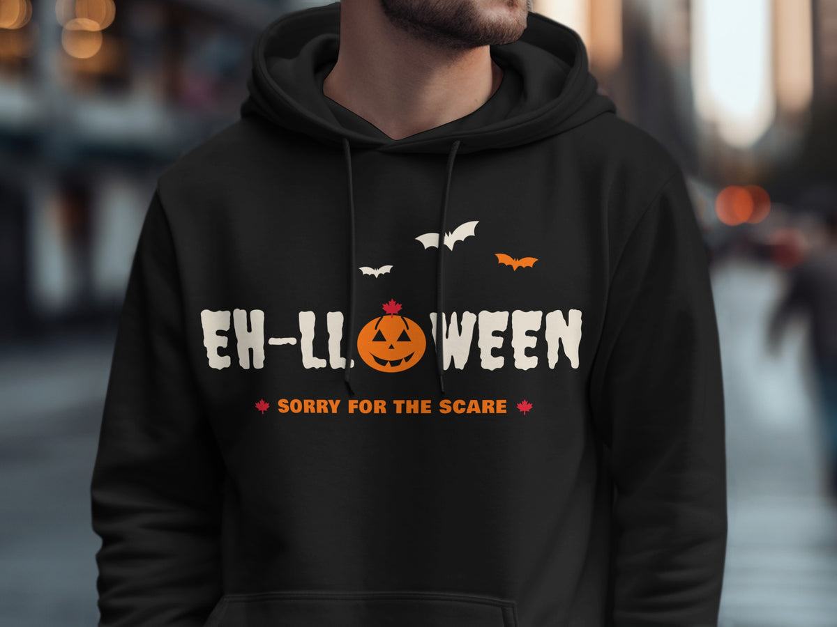 Black hoodie with "EH-LL.OWEEN SORRY FOR THE SCARE" text and Halloween graphics.