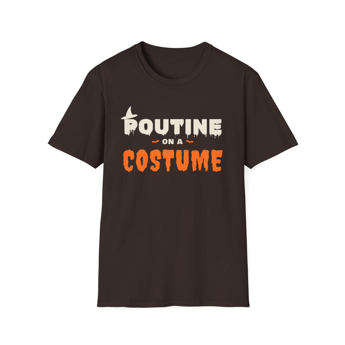 Brown t-shirt with "Poutine on a Costume" text and Halloween graphics.