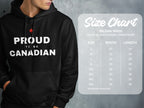 Black Gildan 18500 hoodie with "Proud to be Canadian" text and size chart.