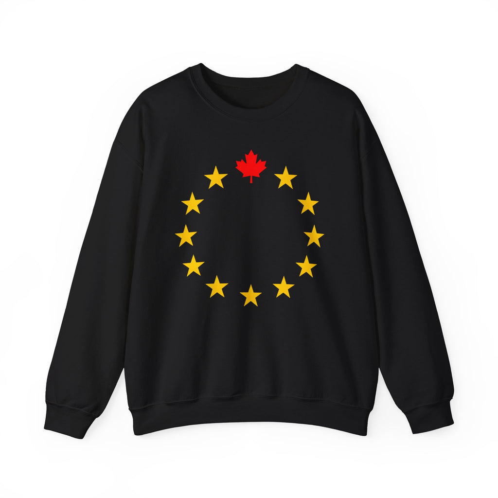 Black sweatshirt with circle of gold stars and red maple leaf on front.
