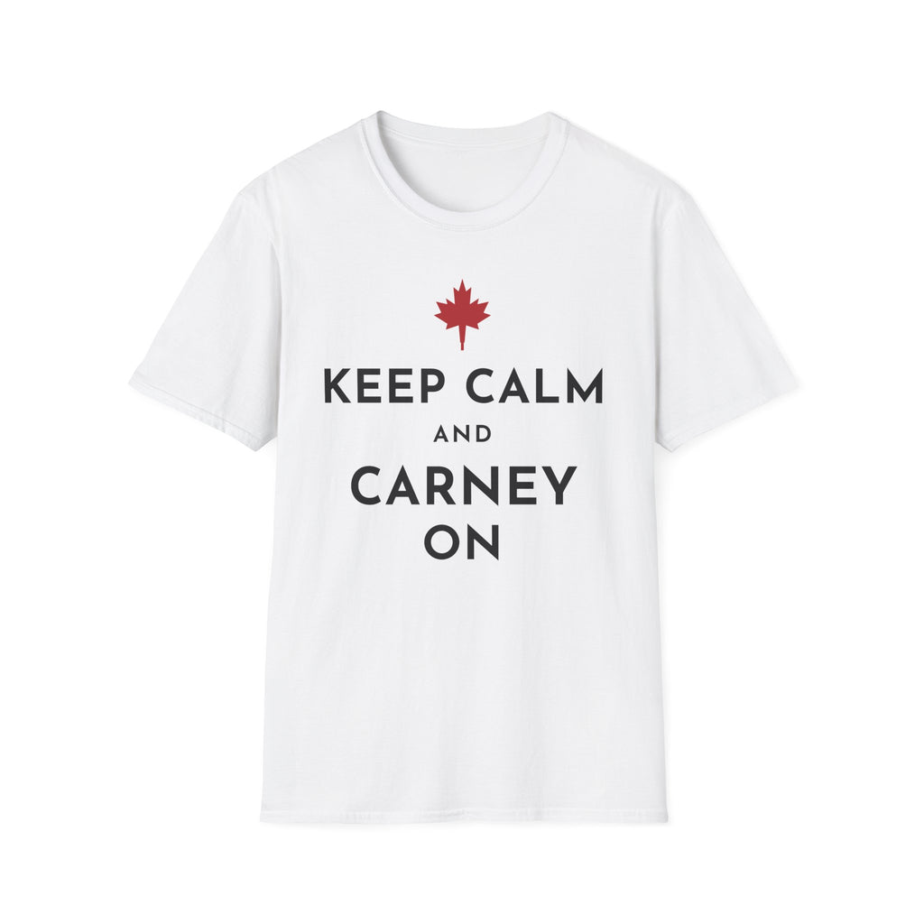 White t-shirt with red maple leaf and black text: KEEP CALM AND CARNEY ON.
