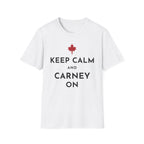 White t-shirt with red maple leaf and black text: KEEP CALM AND CARNEY ON.
