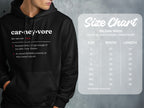 Black Gildan 18500 hooded sweatshirt with "carneyvore" definition and size chart.