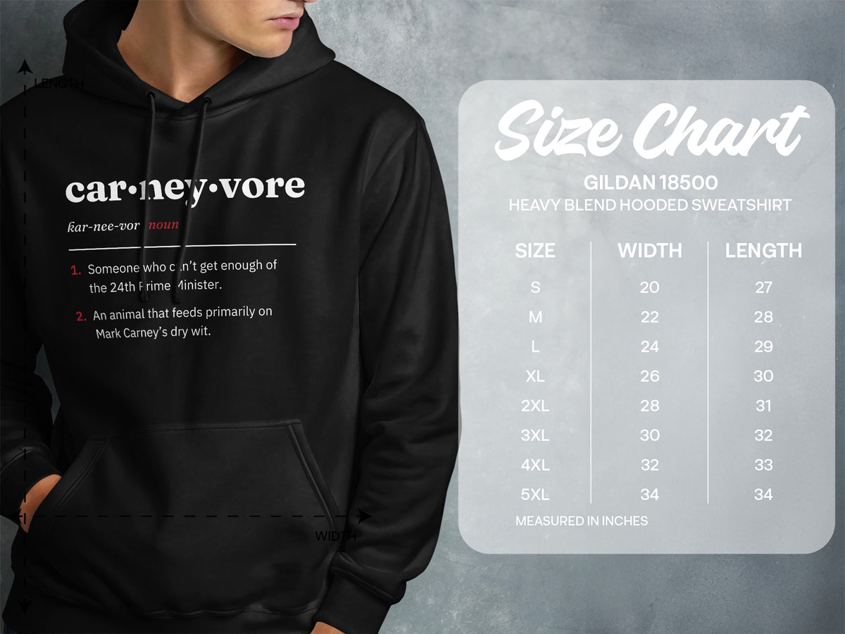 Black Gildan 18500 hooded sweatshirt with "carneyvore" definition and size chart.