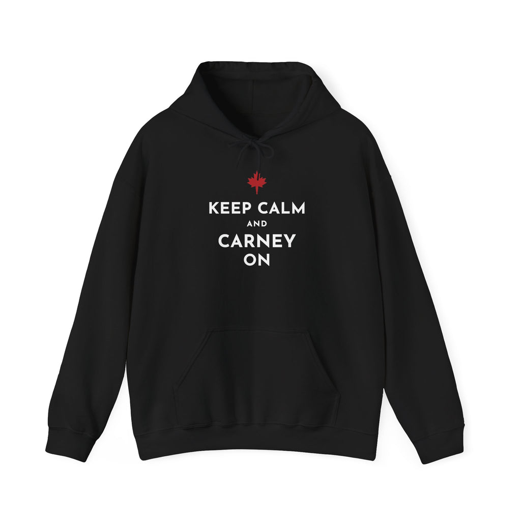 Black hoodie with red Canadian maple leaf and "Keep Calm and Carney On" text.