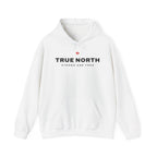 White hoodie with "TRUE NORTH STRONG AND FREE" text and a Canadian maple leaf.