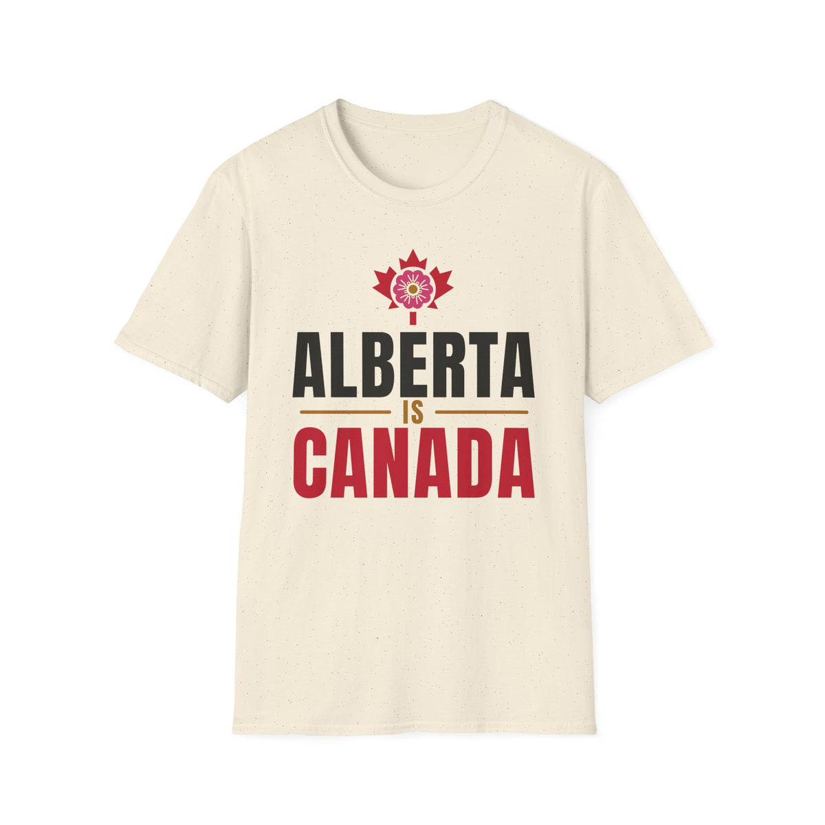 Cream t-shirt with "Alberta Is Canada" text and a Canadian maple leaf emblem.