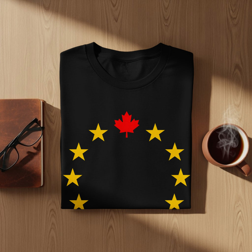 Black t-shirt with red maple leaf and yellow stars design.
