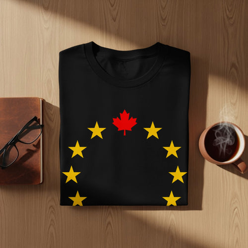 Black t-shirt with red maple leaf and yellow stars design.